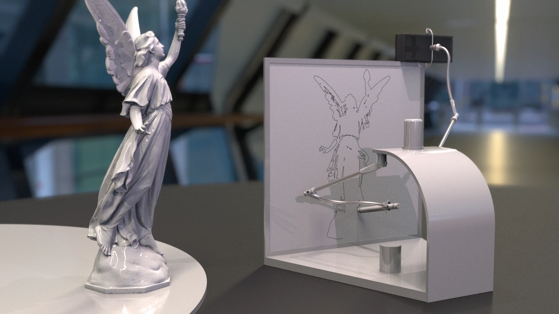 Robot artist drawing the Stanford Lucy statue