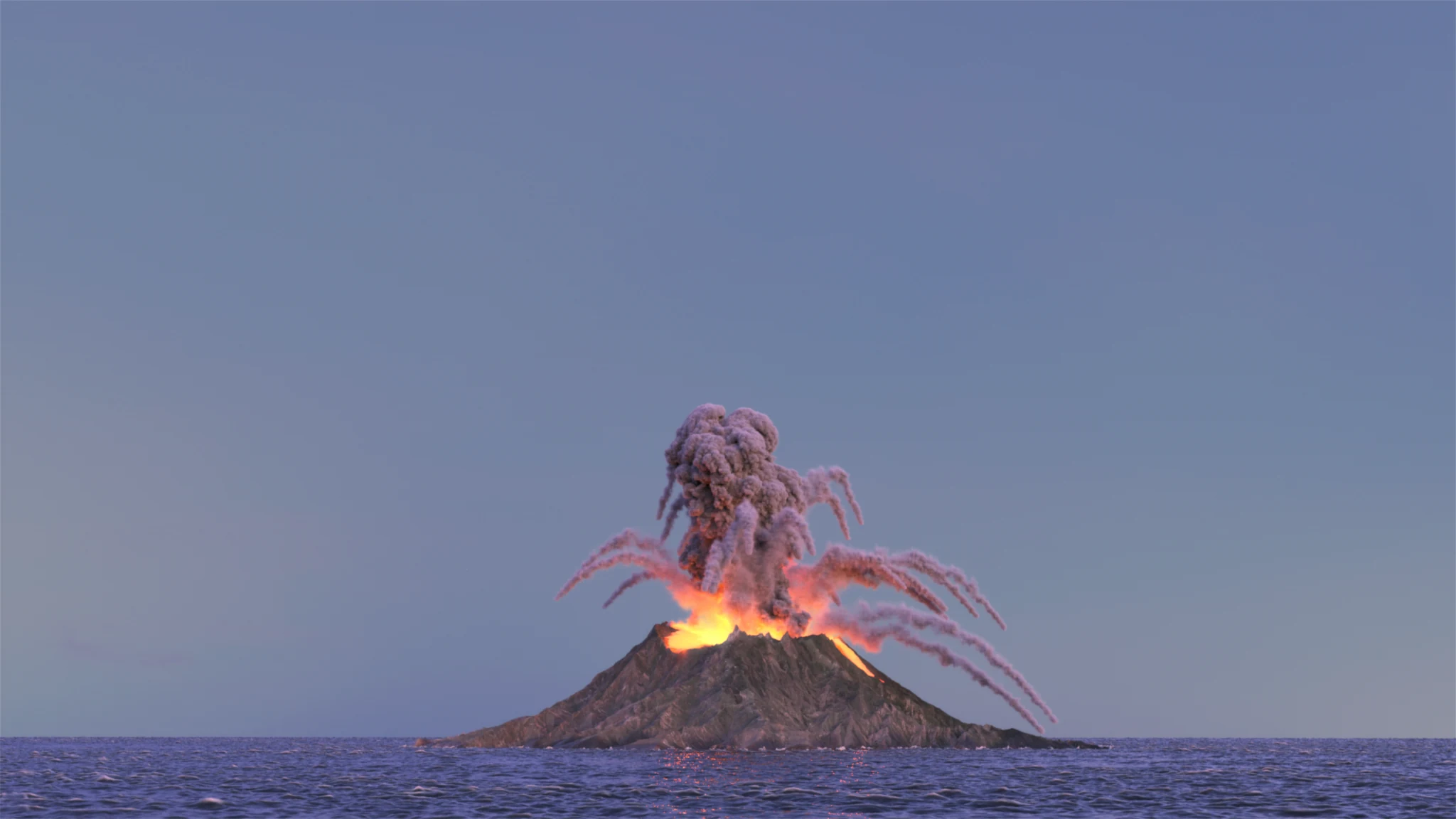 Volcano wide shot with lightning discharge
