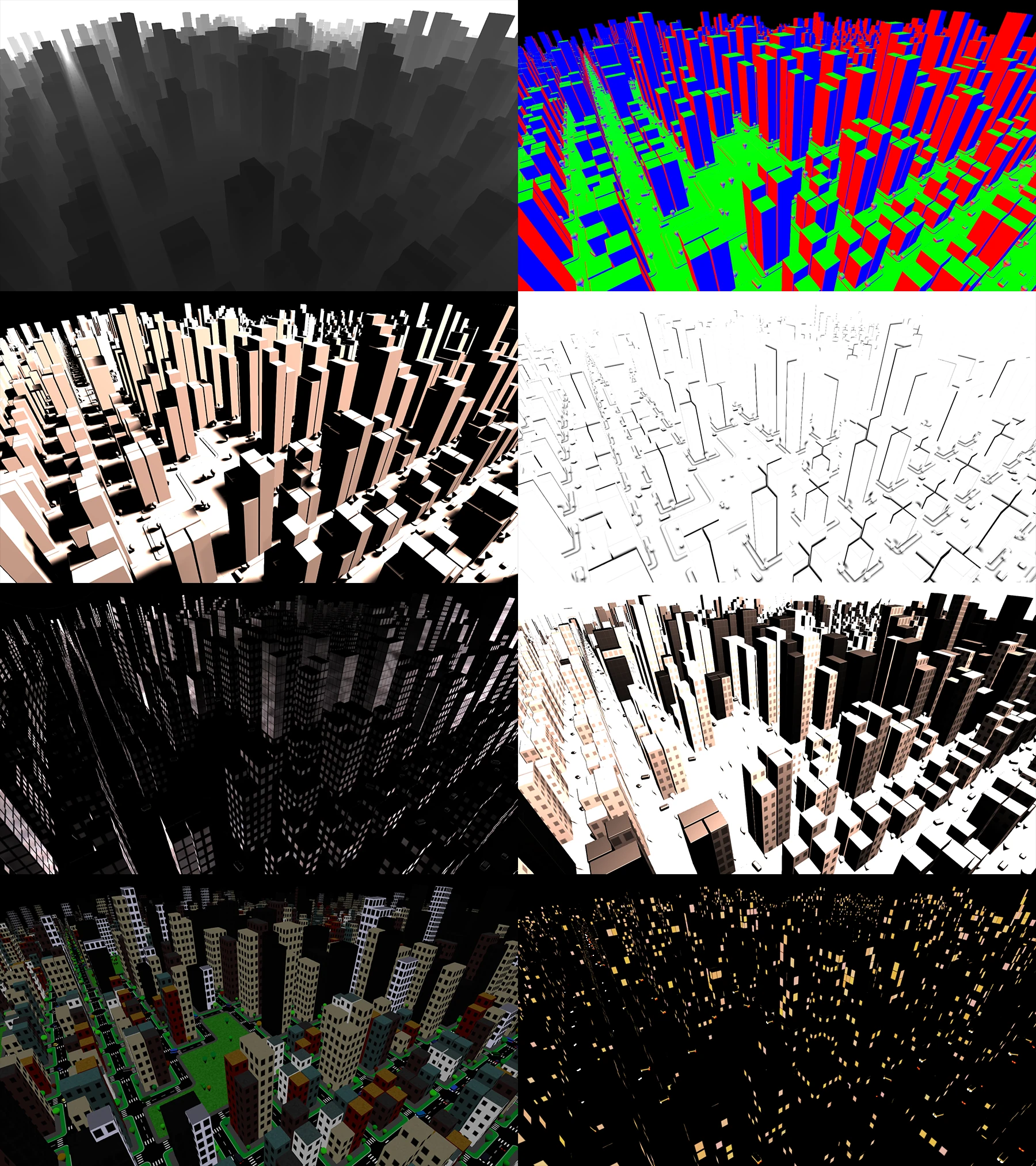 Combined passes: distance, normals, lighting, AO, reflection, specular, color, emission