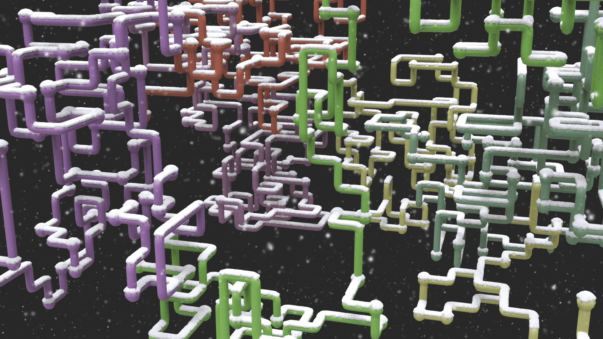 Snow falling across procedural pipes